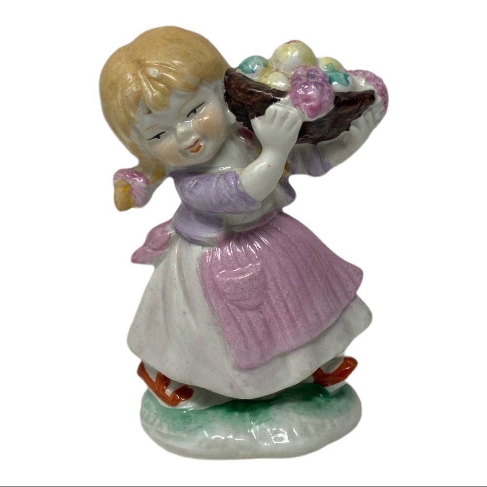 Vintage Kitschy Porcelain Girl Carrying Basket of Fruits Figurine, Japanese